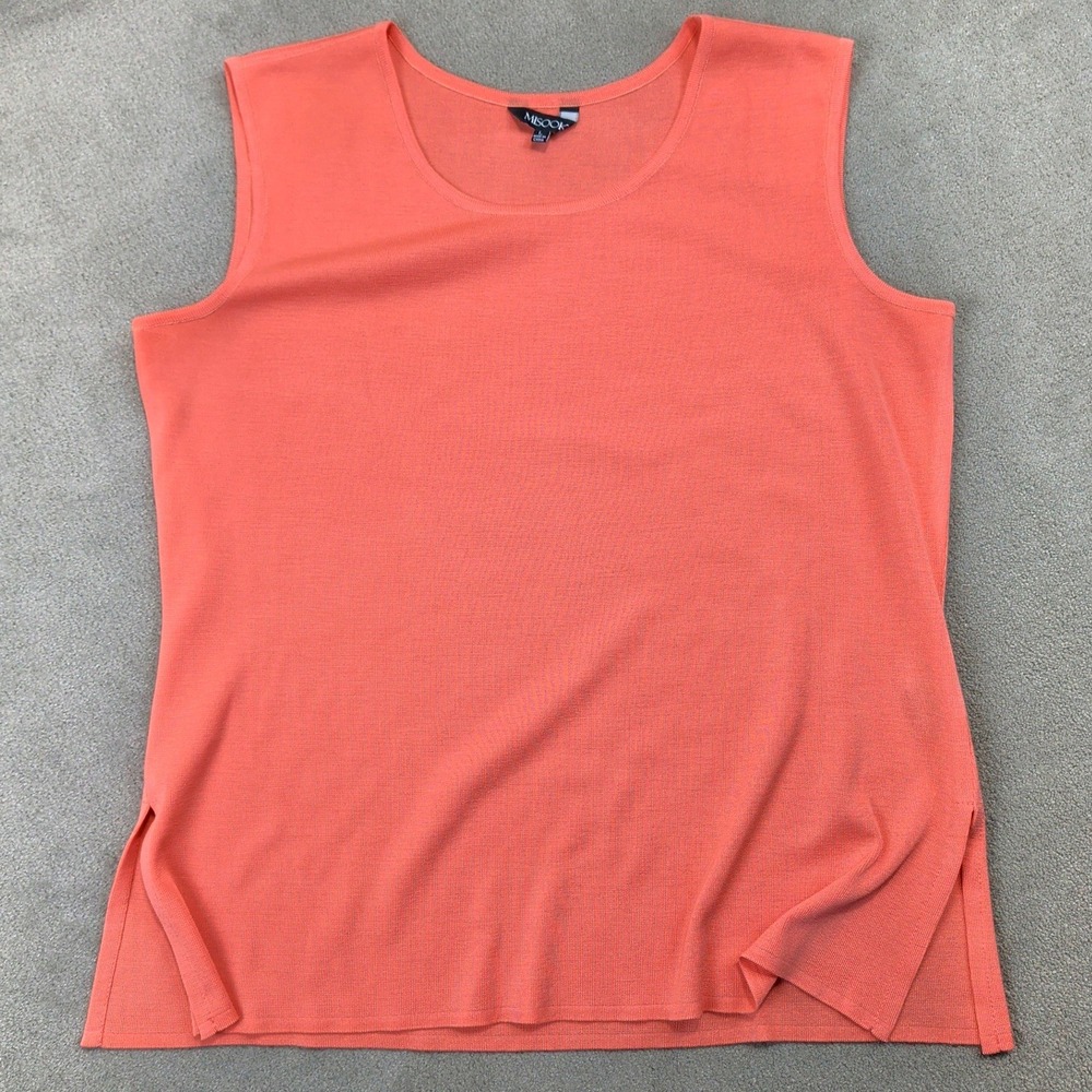 Misook Knit Shell Top Women Large Coral Orange Sleeveless Scoop Neck Side Slit